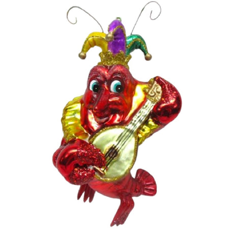 hanging ornament desiged as a crawfish playing a banjo wearing a jester hat