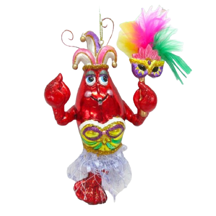 blown glass crawfish ornament wearing mardi gras dress and holding a mask with feathers.