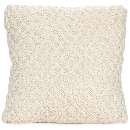 Cream color square throw pillow. The pillow cover is made of a cream crochet pattern.