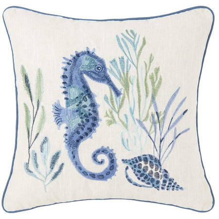 off white throw pillow with blue trim, blue seahorse and shell embroidered image on pillow.