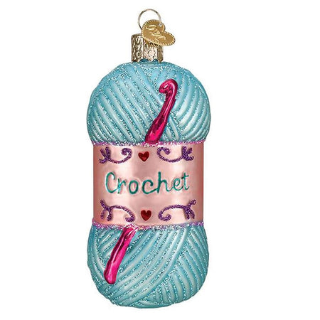 Blown glass blue yarn and crochet hook ornament