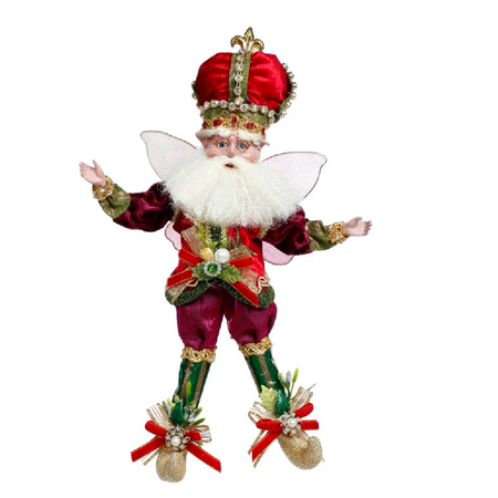 Bearded fairy wearing dark pink and red outfit with a regal crown.