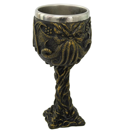 resin and metal drinking goblet, made to look like the monster Cthulhu is engraved on it.