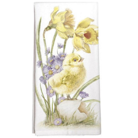 white flour sack towel with image of little chick standing under daffodils.