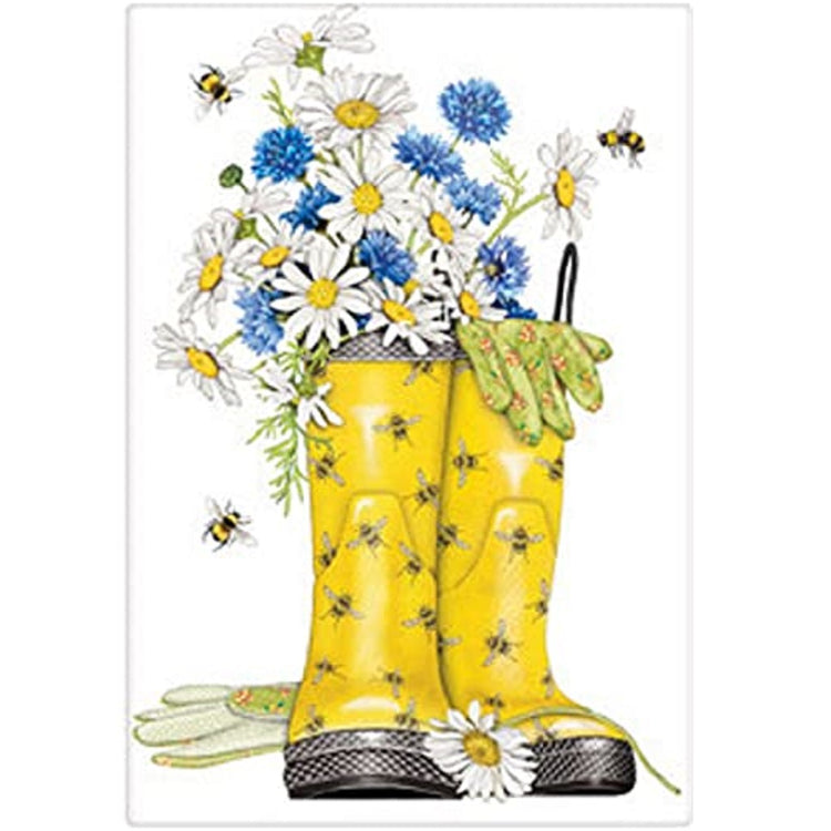 2 yellow rain boots with bee pattern.  Daisy and blue flowers in the boots like a vase and a pair of yellow gloves