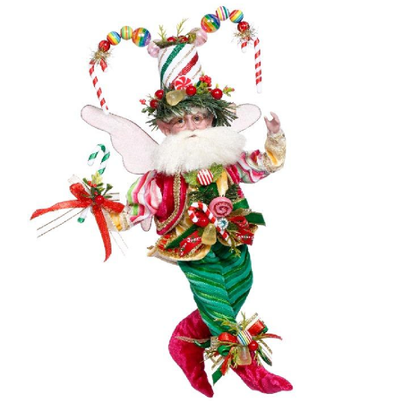 bearded fairy in bright pinks and greens, with a hat made of candy canes.