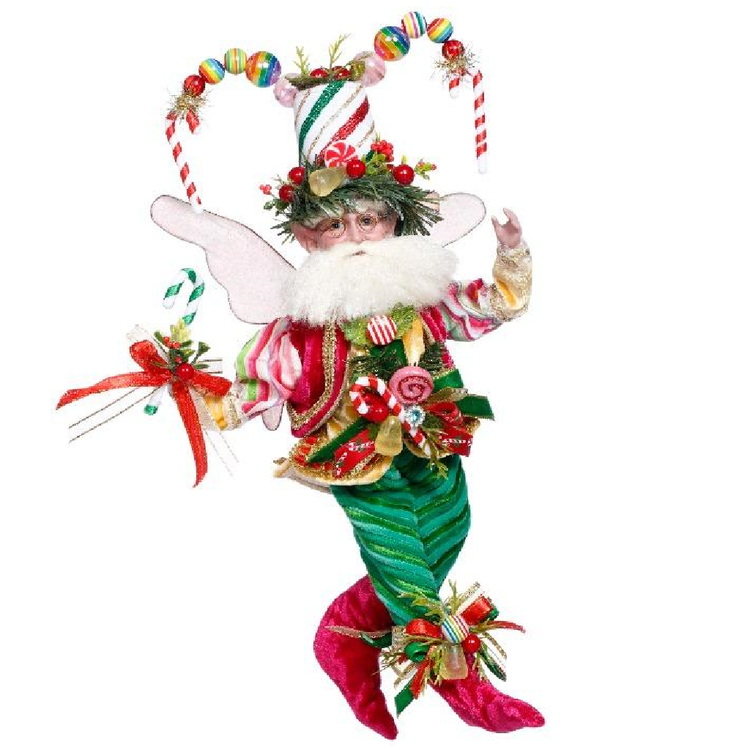 bearded fairy in bright pinks and greens, with a hat made of candy canes.