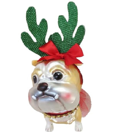 ornament shaped like a bulldog with fabrid antlers and a red bow.