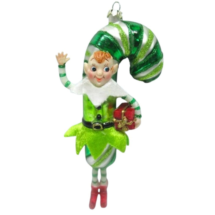 December Diamonds Green Candy Cane Elf Glass Ornament with felt and plastic accents holding a wrapped package