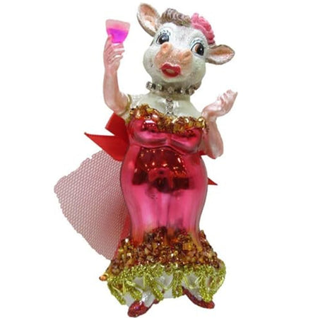 December Diamonds Ms. Cow with Champagne Ornament 5 Inch Blown Glass Party at the North Pole Collection