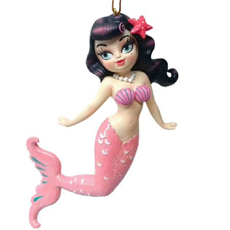 December Diamonds Cora Brunette Mermaid resin ornament figurine with pink tail and white blue accents