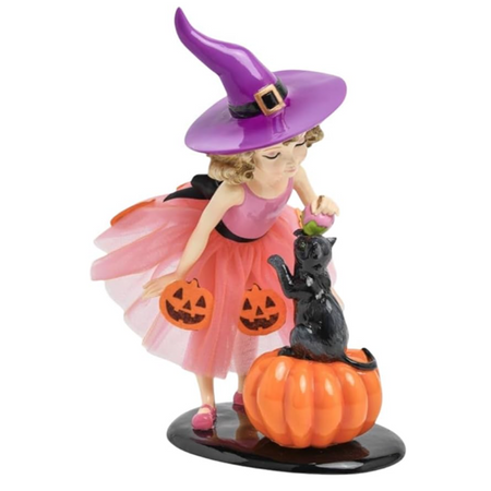 December Diamonds 12" Witch Girl with Black Cat Figurine – Handcrafted Halloween Resin Décor