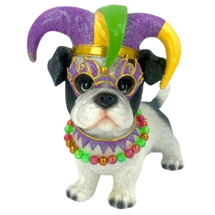 standing bulldog ornament with purple, yellow and green jester hat and bead necklace