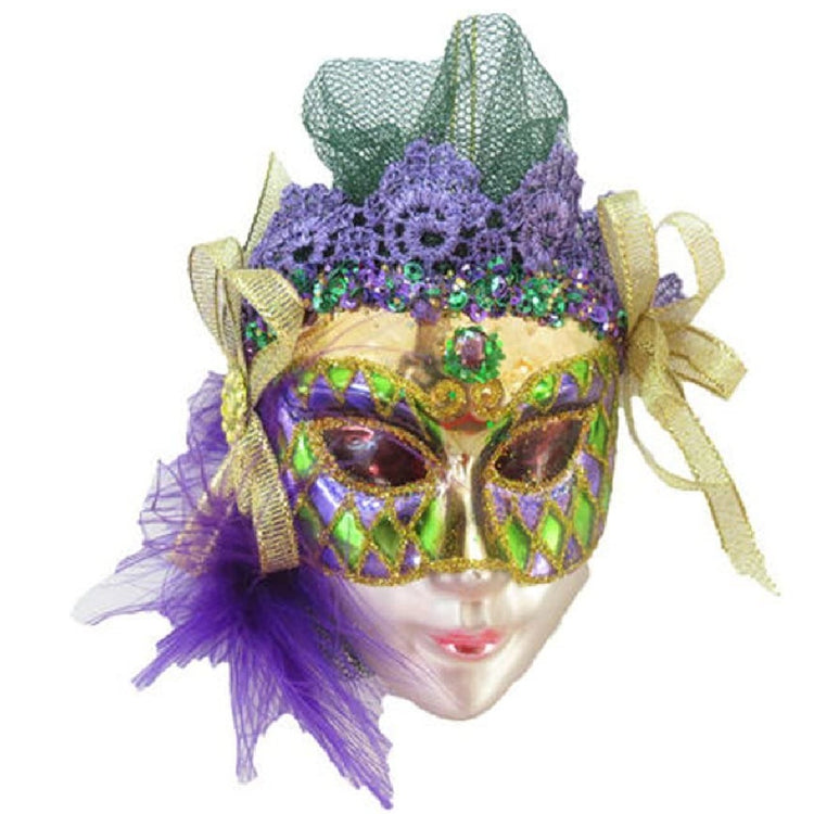 December Diamonds Glass Mardi Gras Face Mask Hanging Ornament with fabric and plastic embellishments 4 inch by 3 inch