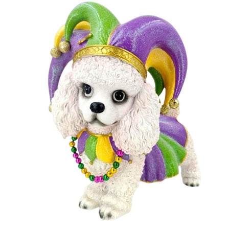 December Diamonds Resin Mardi Gras Poodle Figurine with colorful bead necklace, 10 inches tall decorative home accent