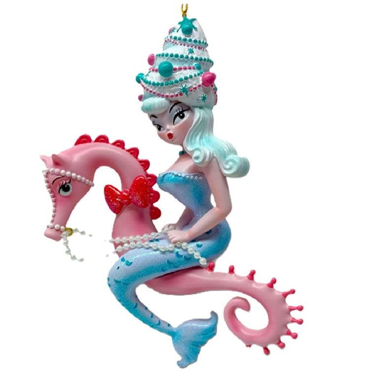 December Diamonds Nina Noelle Christmas Bouffant Mermaid resin ornament riding pink seahorse by Miss Fluff