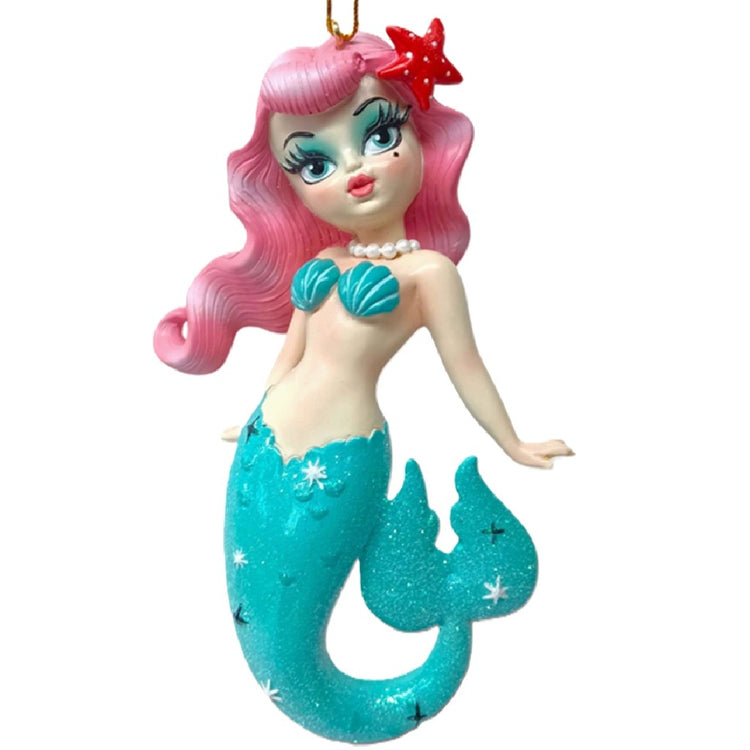 December Diamonds Shelly Mermaid ornament by Miss Fluff with blue tail pink hair and faux pearl necklace 5.5 inches