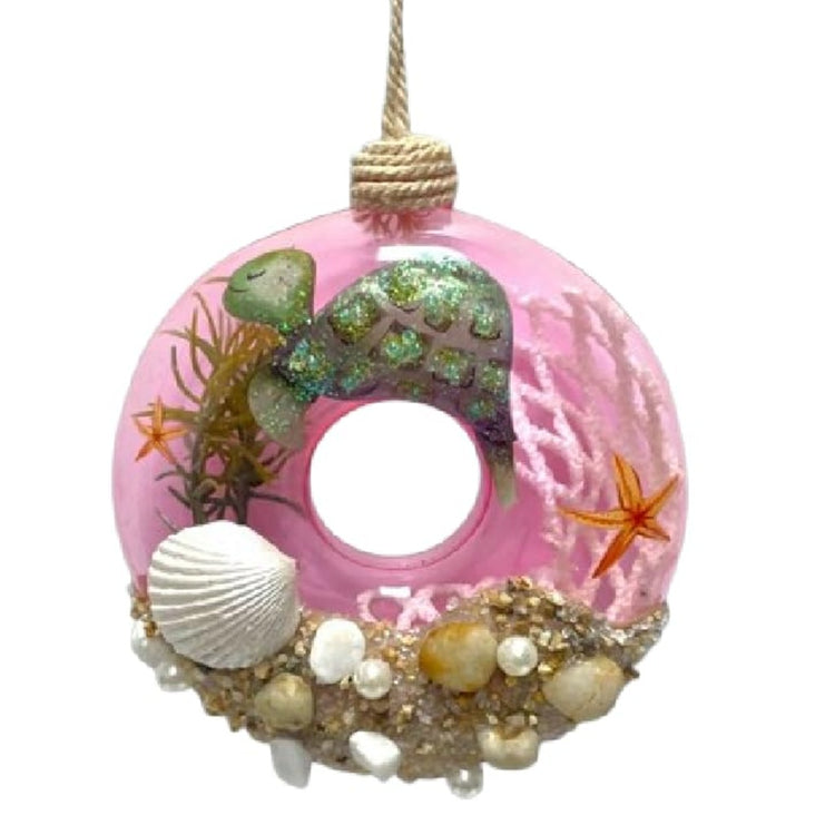 December Diamonds 05-05514 hand-blown glass pink donut ornament with green sea turtle and glitter accents