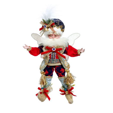 Bearded fairy wearing dark blue and red outfit with rhinestone and gold embellishments.