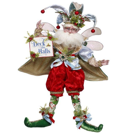 Bearded fairy figurine wearing blue jester hat, red pants and holding a "deck the halls" sign