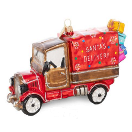 A red Christmas ornament shaped like a delivery truck carrying packages, with the words 'SANTA'S DELIVERY' on the side and a hanging loop at the top, shown on a white background.