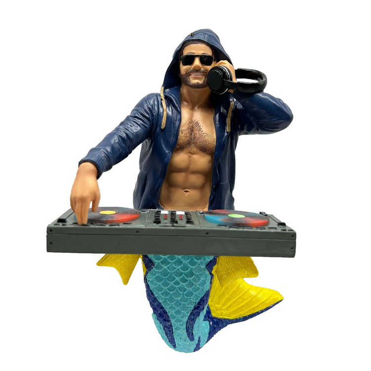 merman in dark blue hoodie, with DJ mixing board.
