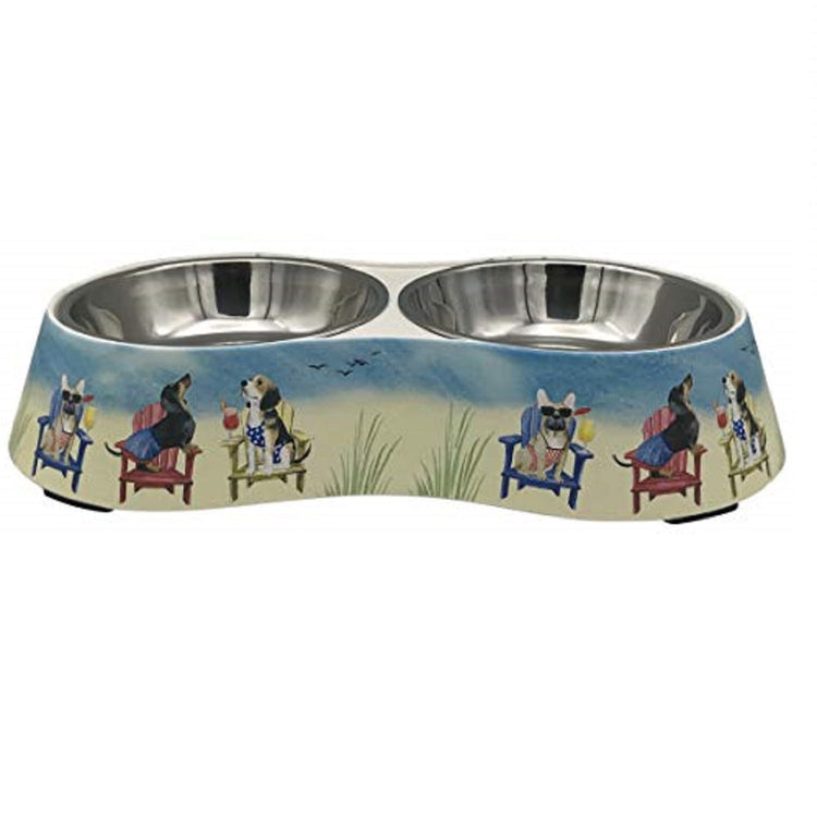 double pet bowl in one unit.  The bowls are metal and the dish is a beach design with 3 dogs sitting in beach chairs wearing glasses, bathing suits and sipping cocktails
