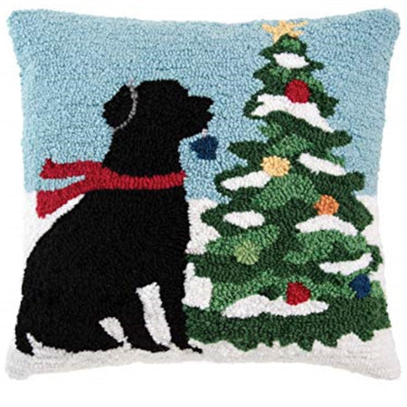 pillow with hook texture, blue and white background with black lab wearing a red scarf and a christmas tree.