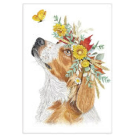 beagle wearing crown of leaves and fall flowers, with a yellow butterfly floating nearby.