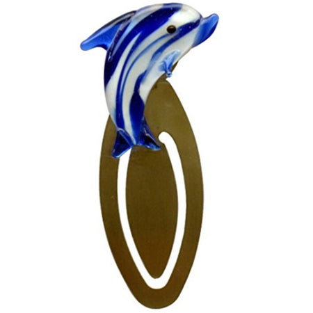 oval shaped metal bookmark with blue and white glass dolphin on top.