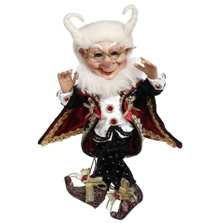 Dracula inspired bearded elf figurine in black and red outfit, hair is shaped into horns.