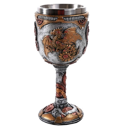 silver and gold look goblet with mechanical steampunk inspired dragon accents.