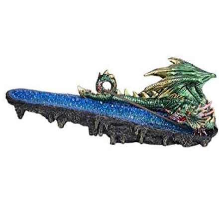 incense burner that looks like a green dragon perched on a blue geode crystal.