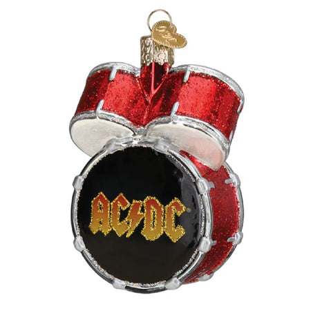 Blown glass drum set ornament, drums are red and say AC/DC