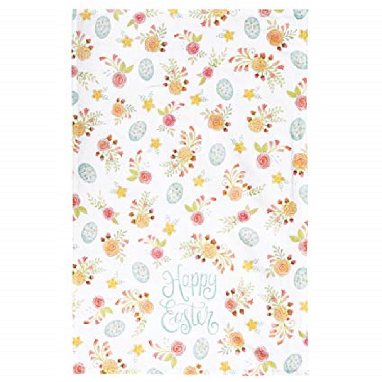 Kitchen towel with text Happy Easter and a repeated floral and Easter egg design in yellow and pink flowers and blue egg.
