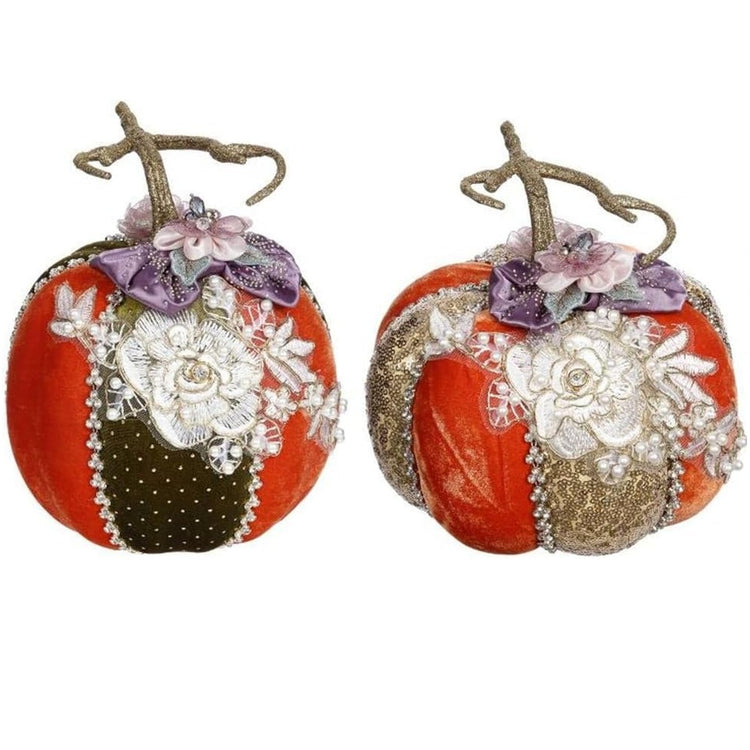 Mark Roberts set of 2 elegant small pumpkins 7–7.5 inches with detailed embellishments and certificate of authenticity for fall home decor