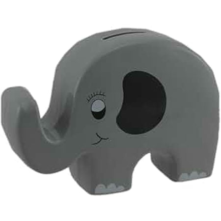 Gray ceramic elephant coin bank by Kingmax with coin slot on top and rubber stopper underneath, shown in compact 7x5x2 inch size