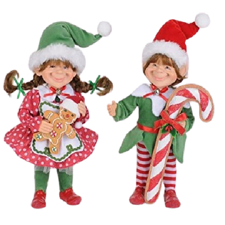 2 elves, 1 boy and 1 girl. The girl wears a green Santa type hat, red polka dot dress  with green pants and red shoes. She carries a gingerbread man. The boy wears a traditional Santa hat, green elf outfit with red and white striped leggins and carries a candy cane.