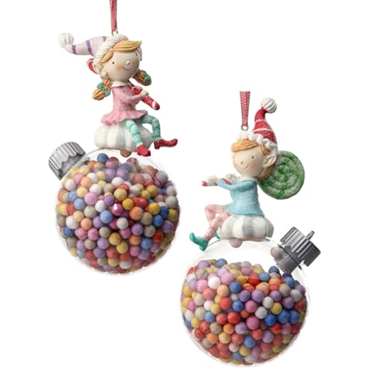 2 Resin Fairy on Candy Ball Ornaments, 6.5 Inches