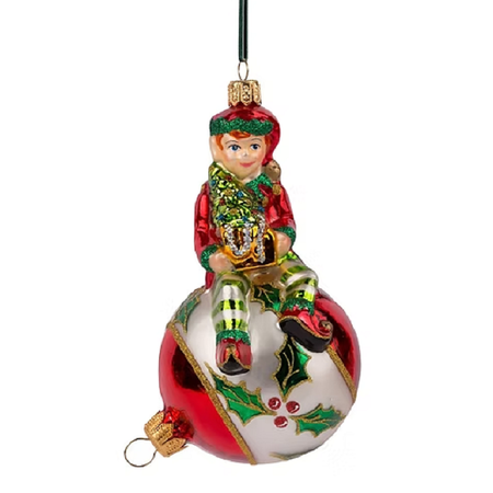 Blown glass ornament, Elf sitting on top of a Christmas bauble.