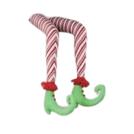 two fabric elf legs with shoes, fun holiday decor, legs are white and red candy cane striped, and the shoes are green with jingle bells on the toes.