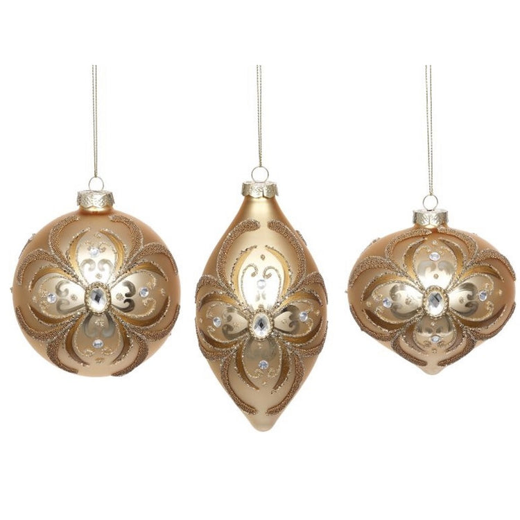 3 gold blown glass ornaments with embossed floral design with glitter and rhinestone accents.