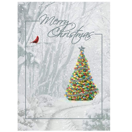 Embossed greeting cards with image of lighted fir tree in the snow with the words Merry Christmas.