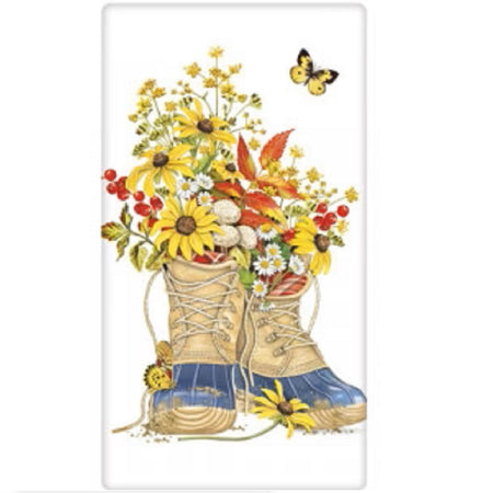 Blue and tan boots or rain boots with a boquet of flowers planted inside. 2 yellow butterflies flying around.