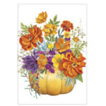 White flour sack towel with a design of a pumpkin as a vase with fall flowers arranged in it.  Orange, yellows and purple.