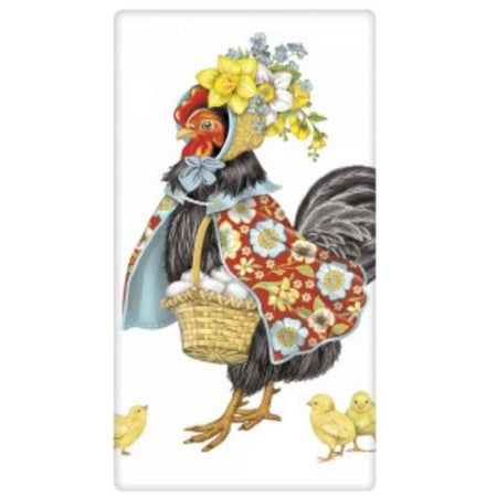 white flour sack towel with printed image of a black hen wearing a flowery bonnet and a red flowered cloak, holding a basket of eggs.