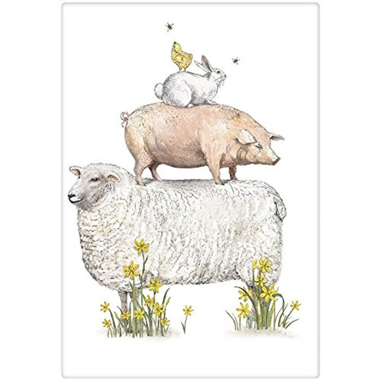 white kitchen towel with a sheep, a pig on his back and a bunny on his back and a yellow chick on his back. 