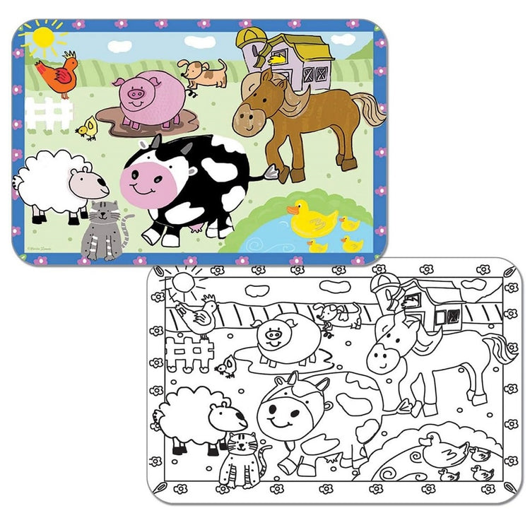 Reversible plastic placemats, one side is a farm scene, the other is the same scene but black and white, so you can color it in.