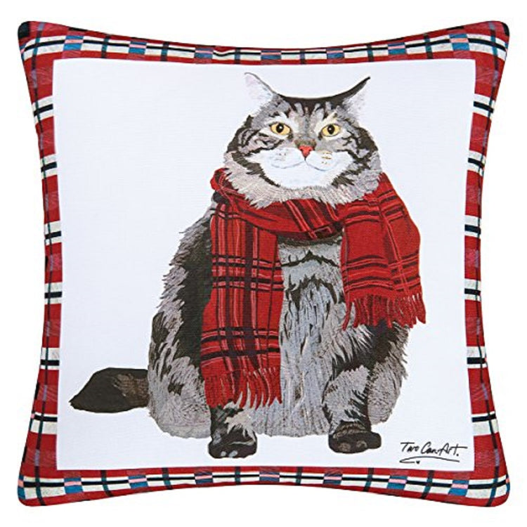 Square white pillow with graphic of a fat cat wearing a res scarf.  Pillow has red and black border.