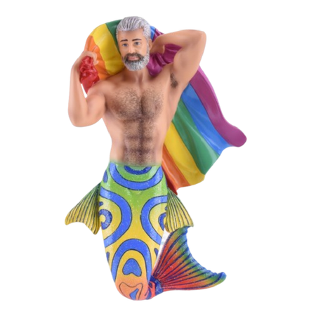 Older man merman with pride flag, and rainbow tail